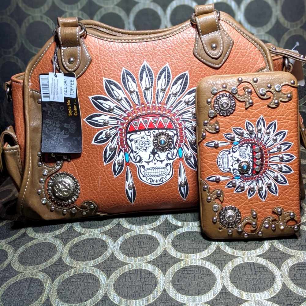Native American skull handbag and matching wallet set